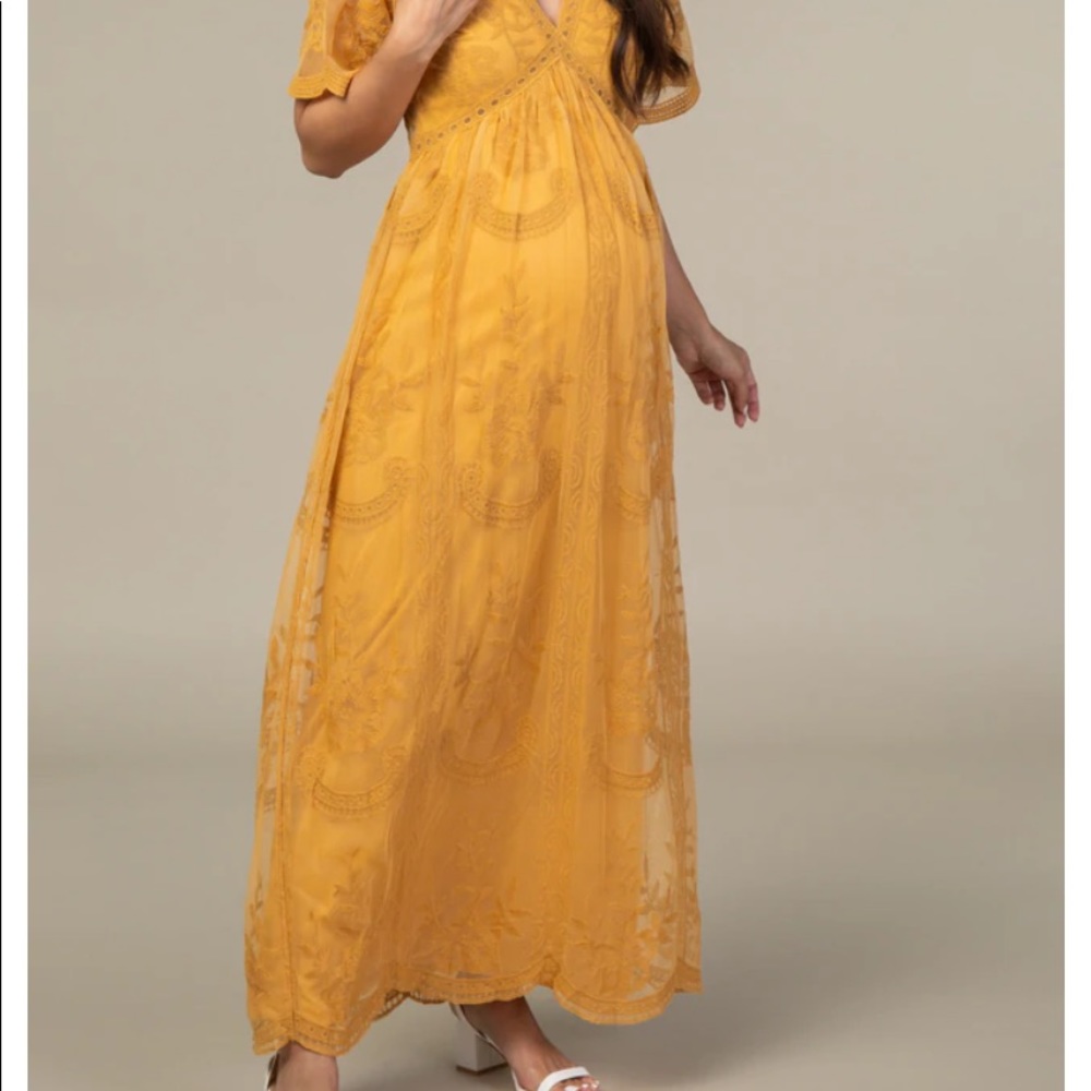 PinkBlush Mustard Lace Mesh Overlay Maternity Maxi Dress